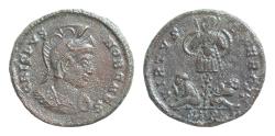 Ancient Coins - Crispus, as Caesar, Æ 18mm 3,2g  Treveri, AD 316-326. CRISPVS NOB CAES, helmeted and cuirassed bust right / VIRTVS EXERCIT, two captives seated at base of trophy; T-F across fields