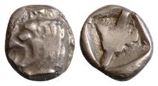 Ancient Coins - CARIA. Uncertain (Mylasa?). Circa 500-450 BC. Stater (Silver, 21 mm, 10.89 g). Head of roaring lion to left. Rev. Incuse square divided diagonally.  Very Rare Very Fine