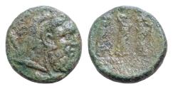 Ancient Coins - Sicily, Himera as Thermai Himerensis, c. 206/5-190 BC. Æ19mm, 7.3g, . Head of Herakles r., wearing lion's skin, club over shoulder. R/ Three nymphs standing facing.