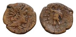 Ancient Coins - Sicily, Aitna, c. 210-150 BC. Æ Tetras (18 mm, 3.5 g). Radiate head of Helios r. R/ Warrior standing l.