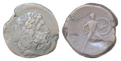 Ancient Coins - SICILY The Mamertinoi After 210 BC. Æ26 Pentonkion 13g Zeus right / MAMERTINWN, nude warrior, wearing crested helmet, advancing right, holding shield on left arm, long spear