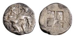 Ancient Coins - Thrace, Thasos; c. 500-480 BC,  AR15mm  1/3 Stater, 2.7g. Le Rider-2, SNG Cop-1008. Obv: Nude ithyphallic satyr r., carrying off protesting nymph.  Quadripartite incuse square  .