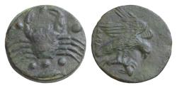 Ancient Coins - Sicily, Hexas,Akragas, c. 420-406 BC, AE, 20mm  8.27g . Eagle flying r., holding hare with talons, Crab; at side five pellets, below epinephelus
