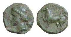Ancient Coins - Sicily, Eryx. AE 14mm 2 8g Circa 330-260 BC. Æ Bronze. Wreathed head of Tanit left; shell behind neck / Horse prancing right.