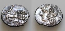 Ancient Coins - M. Baebius Q.f. Tampilus. 137 BC. AR Denarius 18mm, 3.9g. Rome mint. Helmeted head of Roma left; X (mark of value) below chin; TAMP[IL] behind / Apollo driving quadriga right,
