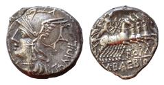 Ancient Coins - M. Baebius Q.f. Tampilus. 137 BC. AR Denarius 18mm, 3.8g. Rome mint. Helmeted head of Roma left; X (mark of value) below chin; TAMP[IL] behind / Apollo driving quadriga right, hold