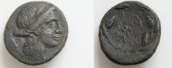 Ancient Coins - SICILY, Syracuse. Roman rule. After 212 BC. Æ (16mm, 3g,). Wreathed head of Kore right / ΣΥPA/KOΣI/ΩN in three lines within wreath of grain ears