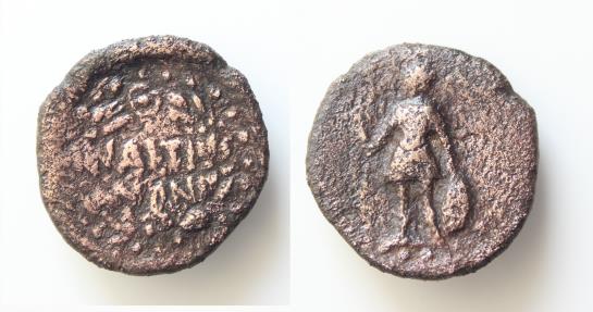 Ancient Coins - SICILY, Iaitia. After 241 BC. Æ 18mm (2,55 g). Warrior standing left, holding spear and shield / Legend in two lines within wreath. CNS I 3. Near VF