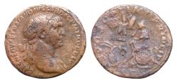 Ancient Coins - Trajan. AD 98-117. Æ As (27mm, 9g,). Rome mint. Struck circa AD 106-107. Laureate bust right, slight drapery / Dacia seated left, in attitude of mourning, on round shield; arms
