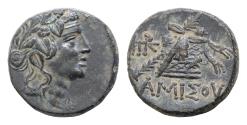 Ancient Coins - Pontos. Amisos. Time of Mithradates VI Eupator circa 120-63 BC. Bronze Æ 20mm, 8,7g Head of Dionysos right, wearing ivy wreath /  Thyrsos leaning against cista mystica