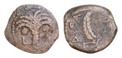 Ancient Coins - Judaea, Procurators. Marcus Ambibulus. 9-12 C.E. AE prutah (16mm, 2g,). Prefect under Augustus, dated year 39 = 8/9 CE. KAICA-POC, ear of grain curved to right / L