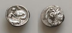 Ancient Coins - CALABRIA Tarentum c.450-380 BC AR Diobol 12mm 1.1g, Athena right, wearing helmet decorated with Skylla throwing a stone Herakles crouching right strangling the Nemean Lion Owl