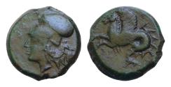Ancient Coins - SICILY. Syracuse. Dionysios I (405-367 BC). AE18mm 6g Litra. Helmeted and laureate head of Athena left. Rev: Bridled hippocamp left.