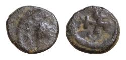 Ancient Coins - Justin I Æ 9mm. 0,87g Antioch, AD 518-527. D N IVSTINVS P AVG, pearl-diademed, draped and cuirassed bust to right / Monogram.
