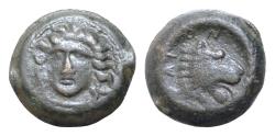 Ancient Coins - Thessaly. Pherae 404-369 BC. Trichalkon Æ21mm., 9g. Head of nymph facing slightly left / , water fountain right in the form of lion's head .