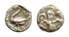 Ancient Coins - CILICIA, Mallos. Circa 440-390 BC. AR Twelfth Stater – Obol (8mm, 0.7g, ). Half-length winged male figure facing, head right, holding disk / Swan running left; MA to left; all with