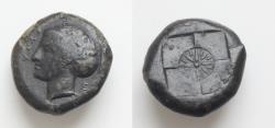 Ancient Coins - SICILY. Syracuse. Dionysios I, 405-367 BC. Trias (Bronze, 15 mm, 4.g), obverse die signed by Euainetos (?), circa 410-405. ΣΥΡΑ Head of Arethusa to left, her hair bound in sphendon