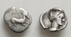 Ancient Coins - IBERIA, Emporion. ??? c. 241–218 BC. AR Drachm 15mm, 2,4 g, Head of Arethusa right / Pegasos flying right.