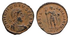 Ancient Coins - Honorius AD 393-42. AE majorina (21mm, 5,7 g) Antioch mint Struck A.D. 393-395. D N HONORIVS P F AVG pearl-diademed,draped and cuirassed bust of Honorius right GLORIA ROMANORUM