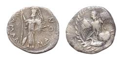 Ancient Coins - Sicily, Kamarina AR Litra.12mm 0,5g. Circa 461-435 BC. Nike flying to right; below, swan to right; all within wreath / Athena standing to left, holding spear; shield to right,