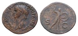 Ancient Coins - Claudius Æ As. Rome, AD 50-54. TI CLAVDIVS CAESAR AVG P M TR P IMP P P, bare head left / Minerva, helmeted, standing right, hurling javelin and with shield on left arm; S-C across