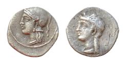 Ancient Coins - Cilicia, uncertain mint AR Obol. 4th century BC. Helmeted head of Athena to left / Diademed female head to left.