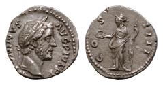 Ancient Coins - Antoninus Pius, as Augustus (AD 138-161). AR denarius 18mm, 3,3g  Rome, AD. ANTONINVS-AVG PIVS P P, laureate head of Antoninus Pius right / COS-IIII, Clementia or Concordia