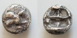 Ancient Coins - ISLANDS OFF IONIA, Chios. ? Uncertain ?  500-480 BC  Silver, AR 14 mm, 5.1g  Heavy Drachm  ?? Unique !!!  Sphinx  Quadripartite granulated incuse square