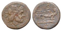 Ancient Coins - Anonymous Æ 27mm 16,9g  Semis. Rome, after 211 BC. Laureate head of Saturn to right; S (mark of value) behind / Prow of galley to right; S (mark of value) above; ROMA below.