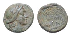 Ancient Coins - Sicily, Syracuse Æ 14mm. 3g Roman rule, after 212 BC. Wreathed head of Kore to left; cornucopiae behind / ΣΥPA-KOΣI-ΩN in three lines within grain wreath