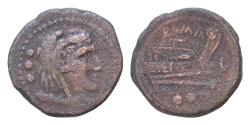 Ancient Coins - Quadrans, Luceria 211-207 or later, Æ20mm  7g. Head of Hercules r., wearing lion’s skin; behind, three pellets and club below neck truncation.  ROMA Prow r.; and below, three pelle