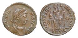Ancient Coins - Gratian AD 375-383. Antioch Follis Æ 17mm., 2,30g. D N GRATIANVS P F AVG, pearl diademed, draped, cuirassed bust right / VIRTVS ROMANORVM, Virtus, helmeted, seated facing,