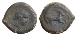 Ancient Coins - SICILY, Aitna. 354/3-344 BC. Æ Tetras (20mm, 7,8 g,). Wreathed head of Kore right / Horse prancing right.