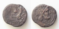 Ancient Coins - Roman Republic Struck Coinage Helmet (first) series Semis circa 206-195, Æ27mm  12.94 g. Laureate head of Saturn r.; behind, S. Prow r. above, helmet and before, S. Below, ROMA