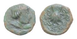 Ancient Coins - Sicily, Syracuse, c. 435-415 BC. Æ Onkia (11mm, 1.5g,). Head of Arethusa r.; dolphin behind. R/ Octopus Good Very Fine ! Very Rare !