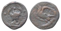 Ancient Coins - Sicily, Akragas Æ 27mm 21,5g Hemilitron. Circa 420-406 BC. Eagle flying left, head raised, holding fish in its talons; AKPAΓANTINON around / Crab; below, Triton to right,