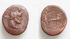 Ancient Coins - SICILY, Menaion. Circa 2nd Century BC. Æ 19mm - Pentonkion (4.4 gm). Laureate and draped bust of Zeus Serapis right / Nike driving galloping biga right.