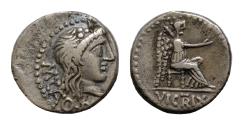 Ancient Coins - M Porcius Cato, 89 BC. AR Quinarius 13 mm 1,6g Rome.  Liber right, wearing ivy wreath. M. CATO behind head, trident beneath neck.Victory seated holding palm and patera. VICTRIX,