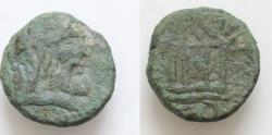 Ancient Coins - SIcily, Bronze, Panormos, Mid-late I cen. BC, AE19mm 8g Laureate head of Jupiter r. at l., sceptre. Dotted border, Rv. ΠANOPMITAN, tetrastyle temple below,