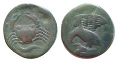 Ancient Coins - Sicily, Akragas, c. 415-406 BC. Æ Hemilitron (25mm, 13.5g). Eagle standing l. on hare, head lowered. R/ Crab; crayfish below
