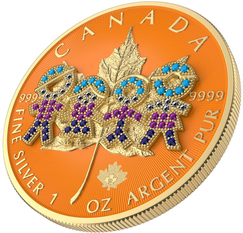 BIG FAMILY GOLD Bejeweled Maple Leaf 1 Oz Silver Coin 5$ Canada 2021