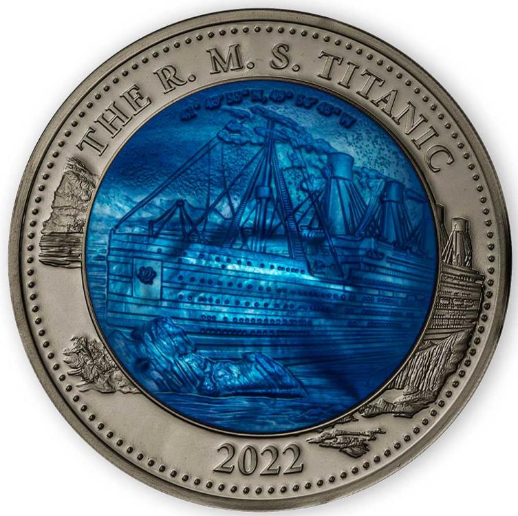 Mints - RMS TITANIC Mother Of Pearl Antiqued 5 Oz Silver Coin 25$ Solomon Islands 2022