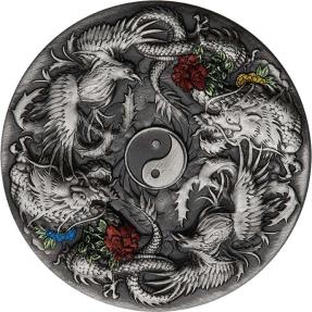 Double Dragon And Double Phoenix Ying Yang 2 Oz Silver Coin 2$ Tuvalu 2021