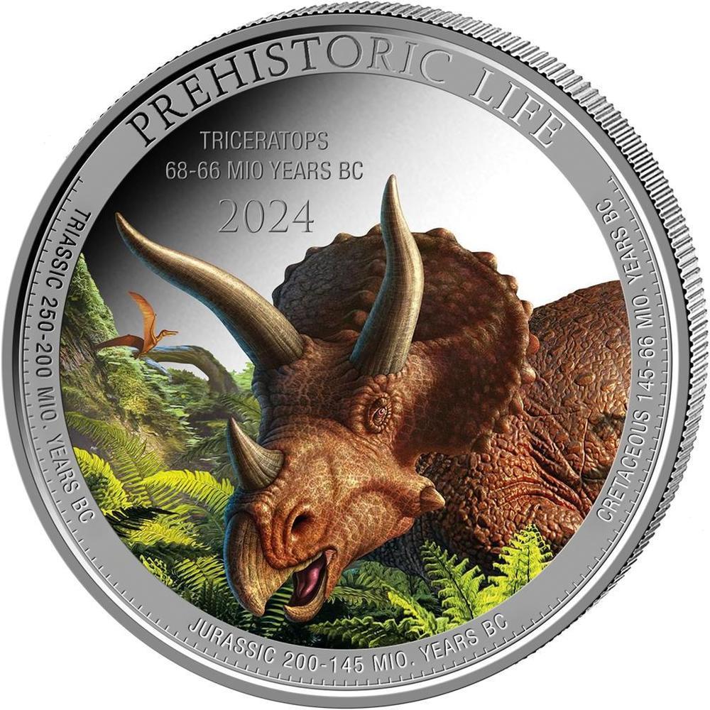 TRICERATOPS Prehistoric Life Coloured 1 Oz Silver Coin 20 Francs