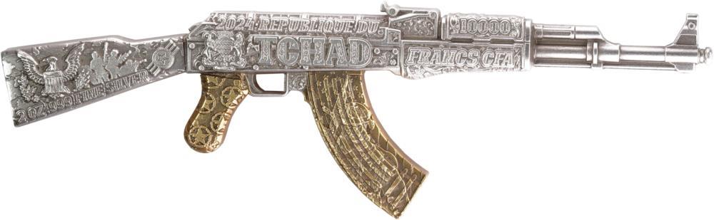 ASSAULT RIFLE Gilded 2 Oz Silver Coin 10000 Francs Chad 2024 ASSAULT RIFLE Gilded 2 Oz Silver Coin 10000 Francs Chad 2024
