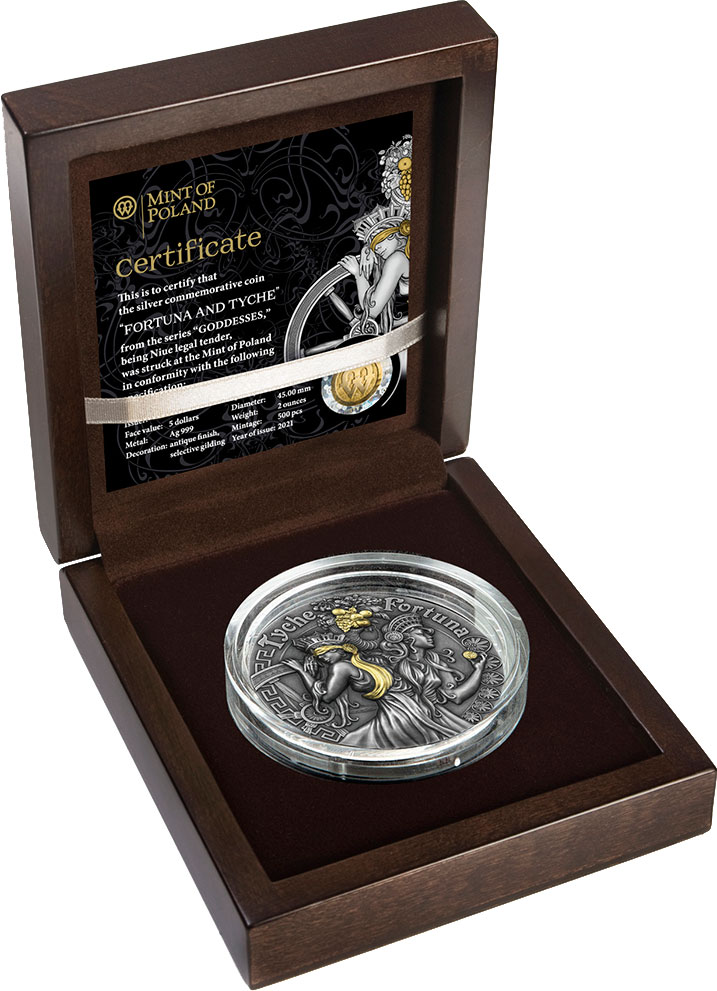 FORTUNA AND TYCHE Goddesses 2 Oz Silver Coin 5$ Niue 2021