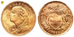 World Coins - Switzerland Gold - 20 Francs or Vreneli - 1935 LB Bern - PCGS MS 66