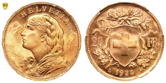 World Coins - Switzerland Gold - 20 Francs or Vreneli - 1935 LB Bern - PCGS MS 66