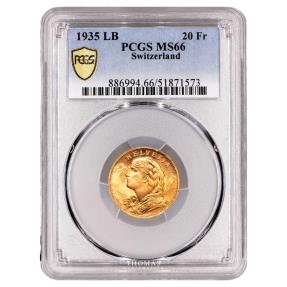World Coins - Switzerland Gold - 20 Francs or Vreneli - 1935 LB Bern - PCGS MS 66