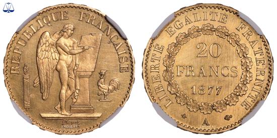 World Coins - Génie Gold - 20 Francs Or Génie - 1877 A Paris - NGC Proof Details